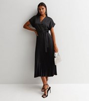 New Look Black Satin Pleated Midi Wrap Dress